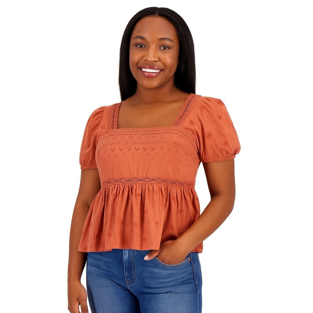 Lucky Brand Women's Cotton Schiffley Embroidered Peplum-Hem Top Orange Size L